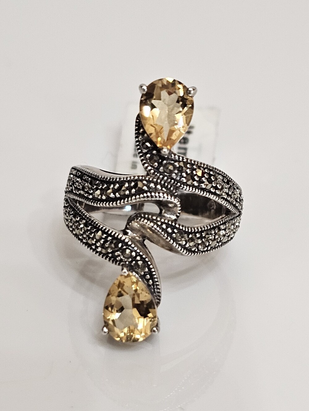 Vintage Natural Lemon Citrine & Marcasite Art Deco Ring Sterling Silver Size 7
